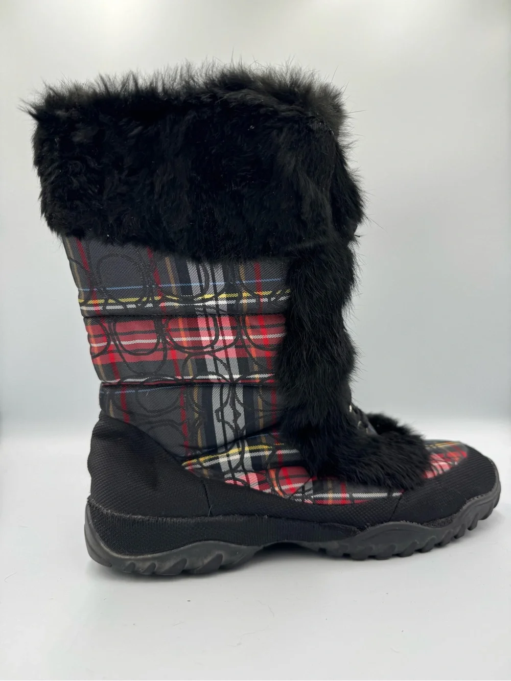 COACH Jennie Black Faux Fur Plaid Winter Boots, RARE! Sz 10